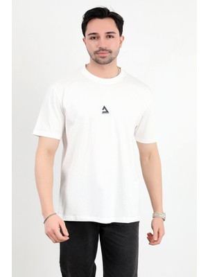 Erkek Bisiklet Yaka Baskılı %100 Pamuklu T-Shirt Beyaz - 25Y 2271-1