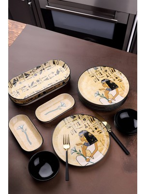 Etnik Kahvaltı Takımı 13 Parça Seramik Dijital Baskı 6 Kişilik & Mısır Figürlü Kahvaltı Seti