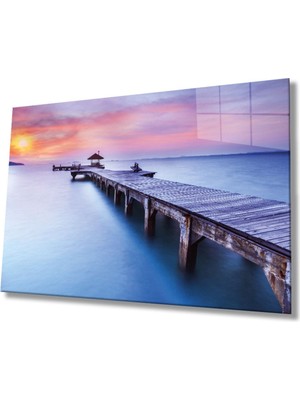 Gün Batımı Manzarası Ahşap Köprü Cam Tablo, Ev ve Ofis Duvar Dekoru, Hediyelik Büyük Cam Tablo