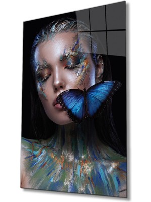 Shopping Haven Zühre Renkli Kadın ve Kelebek Cam Tablo