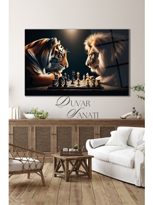 Aslan ve Kaplan Satranç Cam Tablo Modern Ev Ofis Salon Hediyelik Büyük Tablo Duvar Dekoru
