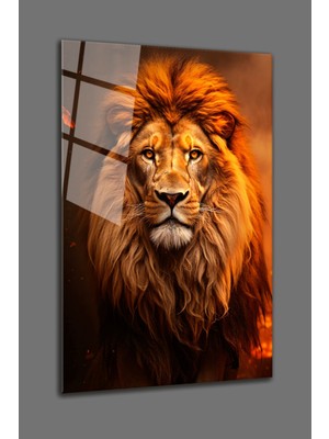 Shopping Haven Yaşlı Aslan Temalı Cam Tablo-Aslan Kral Hayvan Cam Tablo-Dekoratif Duvar Tablosu- Ev Dekor