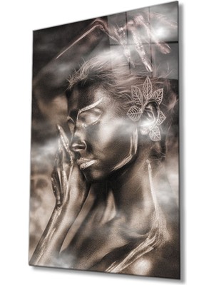 Shopping Haven Siyahi Altın Hatlı Kadın Dumanlı Cam Tablo, Ev ve Ofis Duvar Dekoru Hediyelik Temperli Dayanıklı Cam