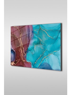 Shopping Haven Bordo ve Mavi Soyut Uçuskan Desen Yatay Cam Tablo