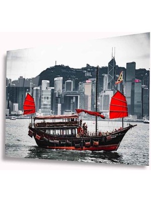 Shopping Haven Kırmızı Yelkenli Tekne Cam Tablo 4mm Dayanıklı Temperli Cam