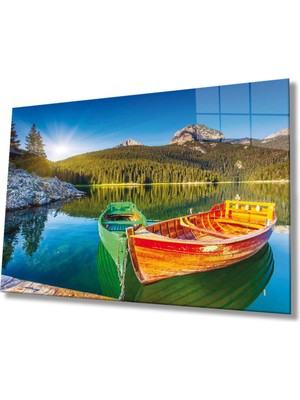 Manzara Kayık Göl ve Dağ Cam Tablo Ev ve Ofis Duvar Dekoru Hediyelik Büyük Tablo Dayanıklı Cam
