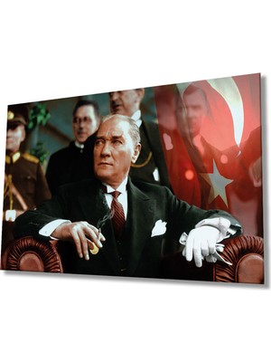 Shopping Haven Atatürk ve Türk Bayrağı Cam Tablo, Ev Ofis Duvar Dekoru, Hediyelik Büyük Tablo Dekor