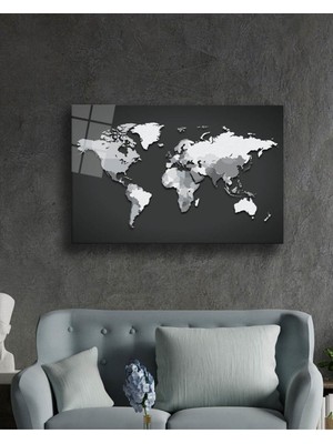 Shopping Haven Siyah Beyaz Dünya Haritası 4mm Dayanıklı Cam Tablo