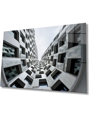 Shopping Haven Geometrik Siyah Beyaz Bina Cam Tablo, Ev ve Ofis Duvar Dekoru Hediyelik Büyük Tablo Dayanıklı Cam