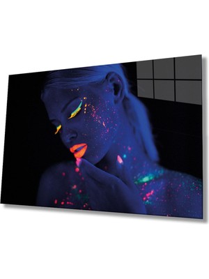 Shopping Haven Yeşil Sarı Turuncu Mor Parıltılı Kadın Cam Tablo, Ev ve Ofis Duvar Dekoru, Hediyelik Büyük Cam Tablo