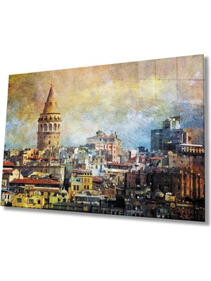 Shopping Haven Sulu Boya Istanbul Galata Kulesi Cam Tablo, Ev ve Ofis Duvar Dekoru Hediyelik, 4mm Dayanıklı Cam