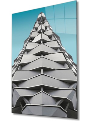 Shopping Haven Geometrik Mimari Mavi Beyaz Cam Tablo, Ev ve Ofis Duvar Dekoru Hediyelik Büyük Tablo Dayanıklı Cam