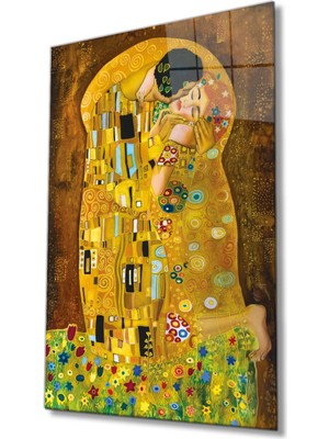 Gustav Klimt Öpücük Cam Tablo, Ev ve Ofis Duvar Dekoru, Hediyelik Büyük Temperli 4 mm Cam Tablo