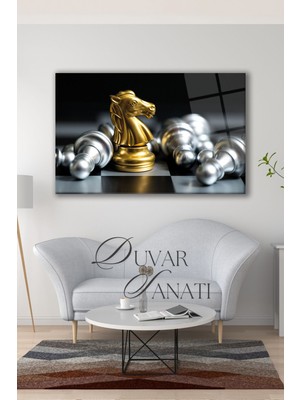 Satranç At'ın Savaşı Yatay Cam Tablo, Modern Ev Salon Ofis Dekorasyonu Hediyelik Büyük Duvar Dekoru