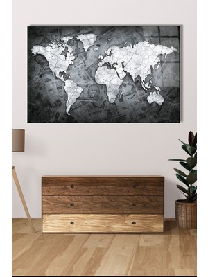 Shopping Haven Gri Dünya Haritası Cam Tablo Ev Ofis Salon Hediyelik Büyük Boy