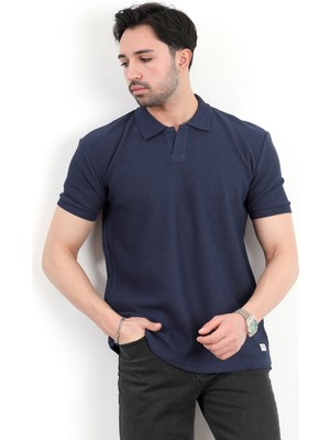 Erkek Polo Yaka Dokulu Regular Fit T-Shirt Lacivert - 25Y 2918
