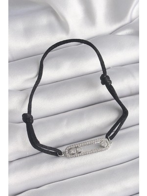 Siyah Renk İpli Asansör Zirkon Taşlı Gümüş Messika Model Kadın Bileklik  - PRT3500EB03304