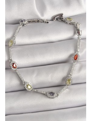 Pirinç Gümüş Renk Renkli Zirkon Taşlı Damla Taş Model Kadın Bileklik  - PRT3500EB04378