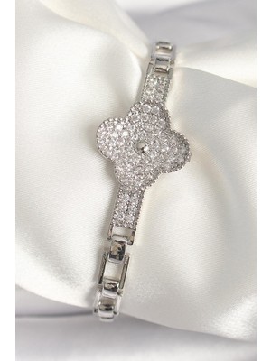 Pirinç Gümüş Renk Zirkon Taşlı Yonca Model Kadın Bileklik  - PRT3500EB04207