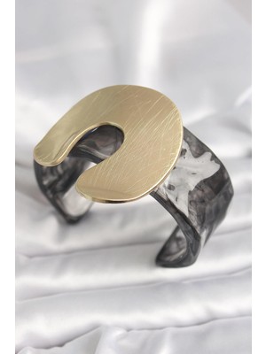 Siyah Mermer Desen Akrilik Plastik Gold Nal Model Plaka Vintage Kadın Bilezik  - PRT3500EB03696