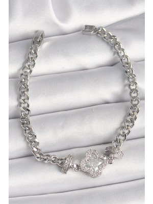 Pirinç Gümüş Renk Zirkon Taşlı Yonca Figür Zincir Model Kadın Bileklik  - PRT3500EB04182