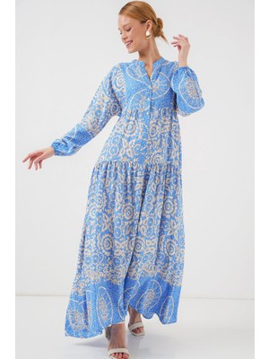 Gökyüzü Moda 2423 Otantik Desenli Tesettür Elbise - S. Mavi