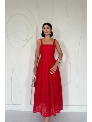 Gökyüzü Moda Kırmızı Askılı Aparatlı Brode Elbise