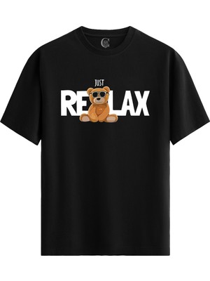 Color Luxe Chill Bear - %100 Pamuklu Kadın Siyah Tişört - Premium Quality