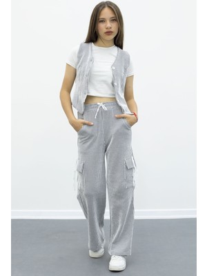 Lacivert Çizgili Düğmeli Yelekli Kargo Cepli Pantolonlu Kız Çocuk 2li Takım 21016