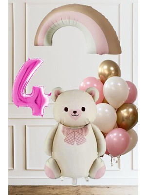 4 Yaş Doğum Günü Krem Papyonlu Ayı Pembe Gökkuşağı ve 10 Balonlu Balon Seti