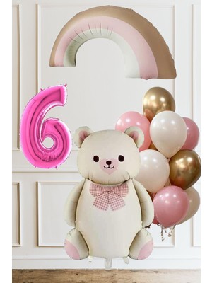 6 Yaş Doğum Günü Krem Papyonlu Ayı Pembe Gökkuşağı ve 10 Balonlu Balon Seti