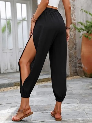 Gökyüzü Moda Kadın Yüksek Belli Yanlardan Çapraz Detay Yırtmaçlı Viskon Pantolon
