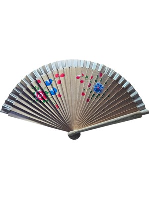 baytoptan Bambu Çift Taraflı Çiçek Baskılı Yelpaze Tahta Rengi