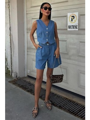 Gökyüzü Moda Gümüş Düğmeli Yelek ve Şort Tensel Takım 10174
