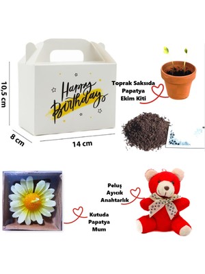 E-Hediyeci Özel Kutuda Papatya Temalı Peluş Ayıcık, Papatya Mum ve Çiçek Ekim Kiti Hediye Kutusu - 01