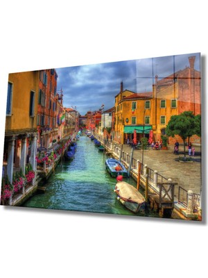 Venedik Şehir Manzaralı Cam Tablo, Ev ve Ofis Duvar Dekoru Hediyelik Büyük Tablo Dayanıklı Cam