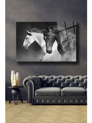 Shopping Haven Siyah Beyaz Atlar Cam Tablo | Dekoratif Cam Tablo Duvar Dekarasyonu