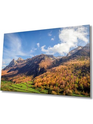 Shopping Haven Yeşil Ağaçlı Dağ Manzarası ve Gökyüzü Cam Tablo, Ev ve Ofis Duvar Dekoru, Hediyelik Büyük Cam Tablo