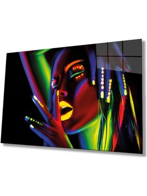 Shopping Haven Yeşil Sarı Kırmızı Mor Parıltılı Kadın Cam Tablo, Ev ve Ofis Duvar Dekoru, Hediyelik Büyük Cam Tablo