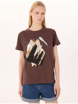 Limon Yuvarlak Yaka Baskılı Kahve Kadın T-Shirt L5SL-TST5810