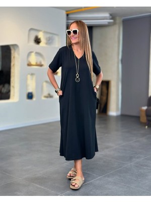 Gökyüzü Moda Kadın Kısa Kollu V Yakalı Cep Detaylı Uzun Viskon Iki Iplik Elbise