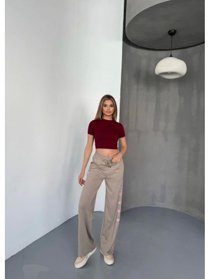 Gökyüzü Moda Osy Modal Yumuşak Dokulu Kumaş Nakış Işlemeli Rahat Bol Paça Eşofman Pantalon - Bej