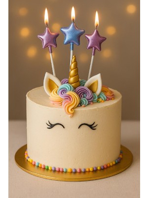 3 Lü Çubuklu Gökkuşağı Yıldız Figürlü Pasta Mum