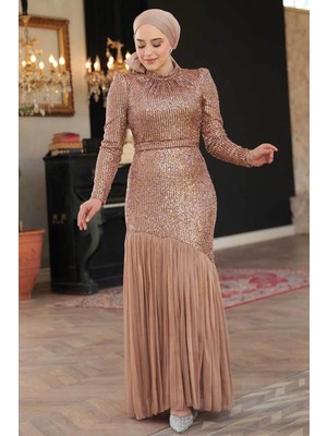 Payet Boncuk Işlemeli Taba Tesettür Abiye Elbise 52057TB