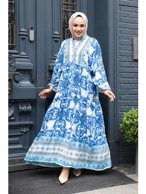 Çiçek Desenli Indigo Mavisi Tesettür Elbise 23451IM