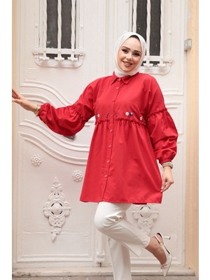 Nakış Desenli Kırmızı Tesettür Tunik 40603K