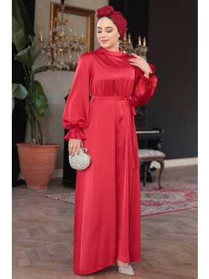 Saten Kırmızı Tesettür Elbise 62132K