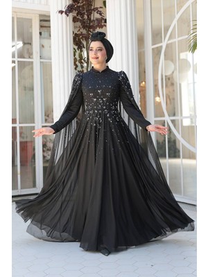 Pelerin Detaylı Siyah Tesettür Abiye Elbise 51171S