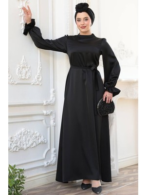 Saten Siyah Tesettür Elbise 62132S