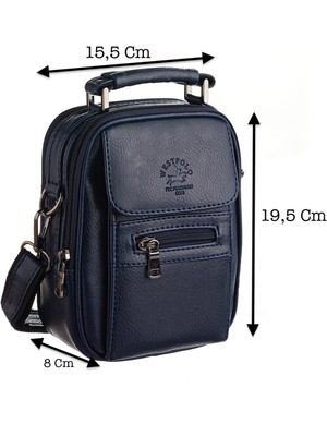 Westpolo El Ve Omuz Askılı Mıknatıslı ve Fermuarlı Vegan Deri Erkek Çantası (Küçük Boy) - Lacivert